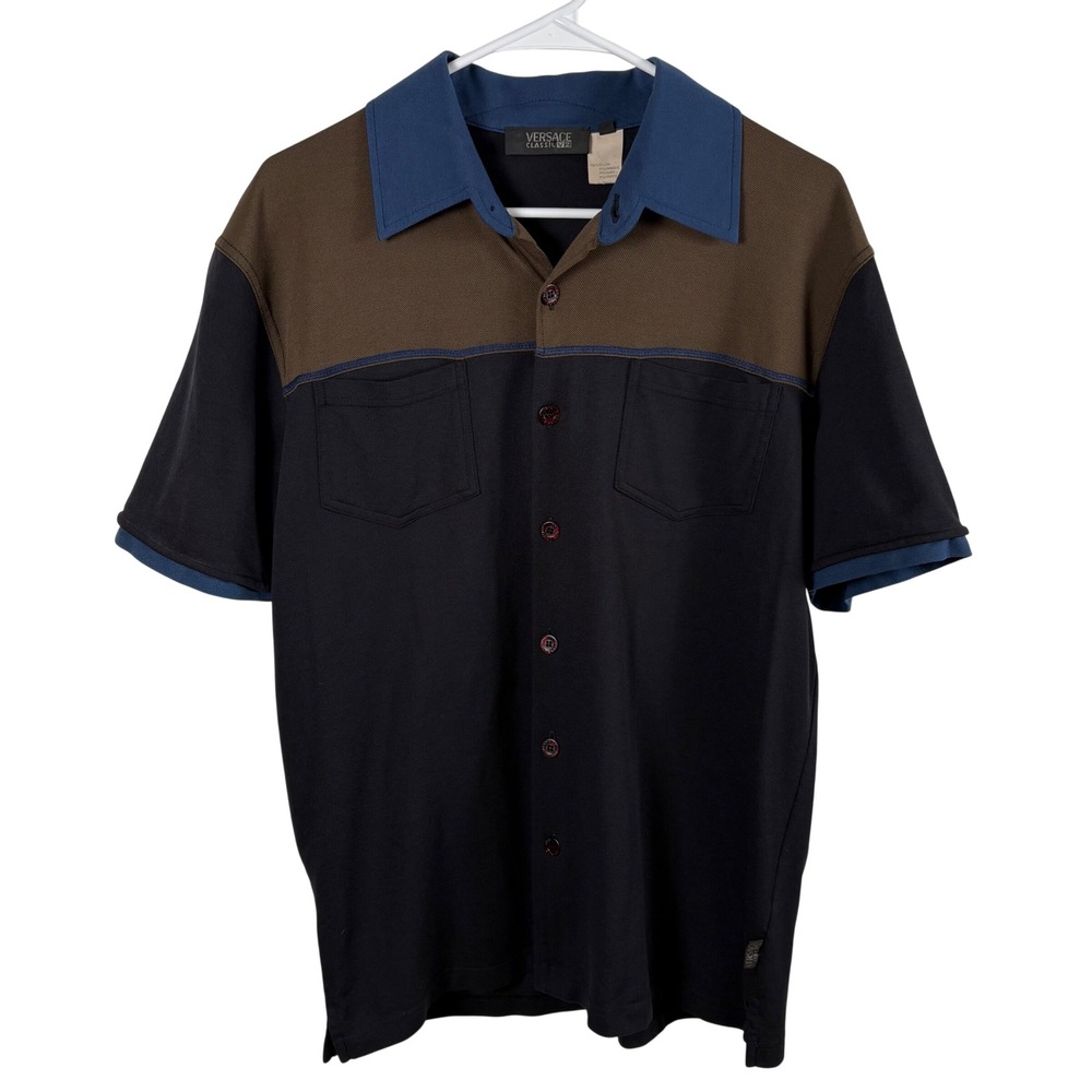 Vtg Versace Classic V2 Shirt Men's L Black Brown Colorblock Short‎ Sleeve Polo